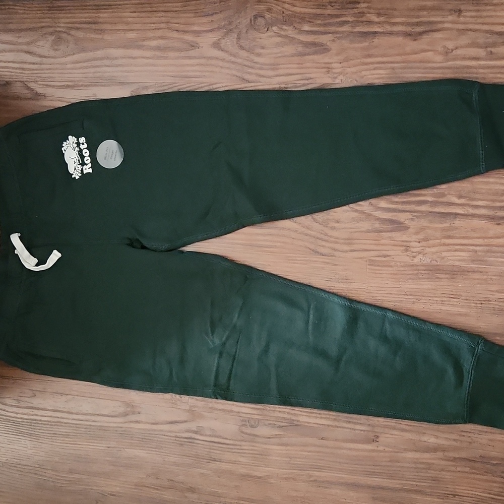 NWT ROOTS Women's Original VARSITY GREEN Slim Cuff Sweatpants/Joggers sz LARGE